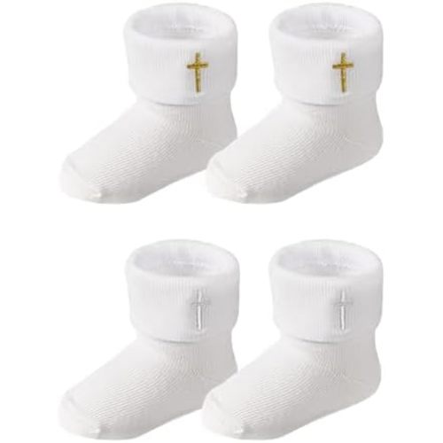 Newborn Baptism Socks Infant Turn Cuff White Christening Cotton Sock With Eyelet Ruffle Lace and Cross, 0-12 Months