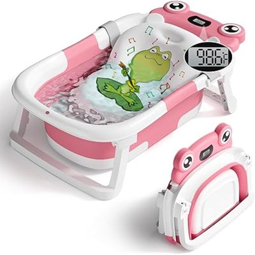 Baby Bathtub, Collapsible Newborn Bathtub for Infant to Toddler 0-24 Months with Soft Bath Net,Portable Travel Newborn Tub with No-Slip Feet, Baby Shower Gifts, Rose Pink