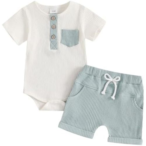 fhutpw Baby Boy Clothes Short Sleeve Romper & Shorts Sets Newborn 3 6 12 Months Summer Knitted Ribbed Splicing Color Outfits