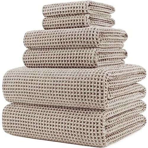 POLYTE Oversize, 60 x 30 in., Quick Dry Lint Free Microfiber Bath Towel Set, 6 Piece (Beige, Waffle Weave)