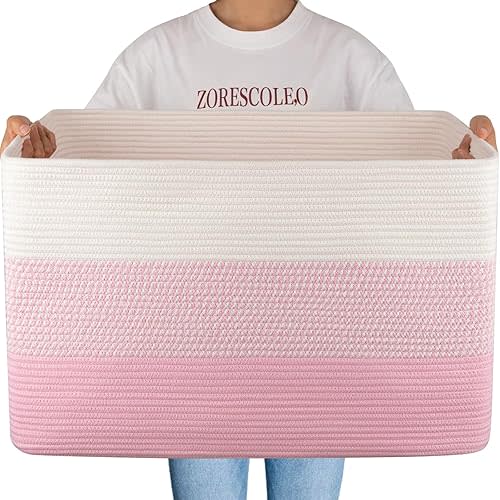 OIAHOMY 108L Super Large Blanket Basket For Living Room, 25”x16”x16” Rectangle Woven Baskets For Storage, Toy Storage with Handle - Pink&White