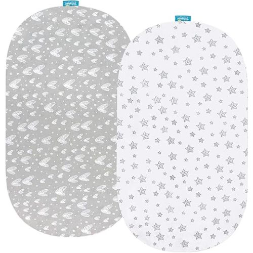 Bassinet Fitted Sheets for UPPAbaby Bassinet, 100% Jersey Knit Cotton Sheets, Breathable and Heavenly Soft, Grey and White Print for Baby