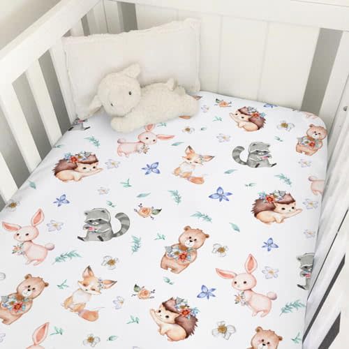 Woodland Animals Spring Floral Baby Crib Sheets 52''x28'' Bear Raccoon Hedgehog Fox Rabbit Snug Fitted Crib Mattress Cover for Boy Girl Bed Sheet for Standard Toddler Mattress