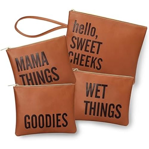 MOMINSIDE Diaper Bag Organizing Pouches, Set of 4 Leather Diaper Clutch, Baby Diaper Bag Organizer Packing Cubes, Baby Registry Search, Large Dry Wet Bag for Daily Use Travel Vacations