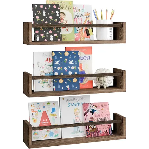 Fixwal Nursery Book Shelves, 16.5 Inch Floating Bookshelves for Wall Set of 3, Baby Nursery Decor, Solid Wood Wall Mounted Shelves for Books, Toys and Decor Storage (Brown)