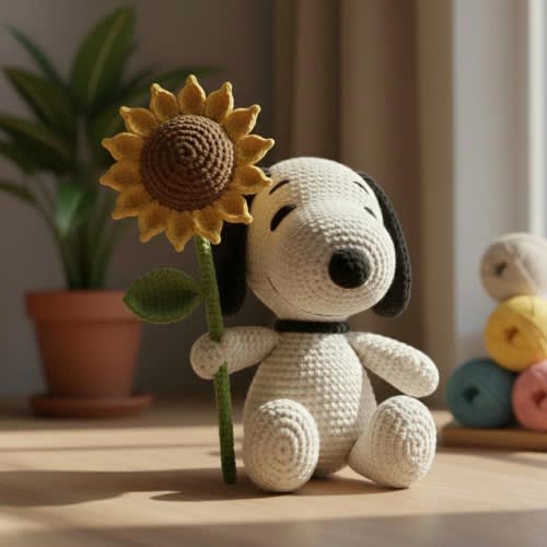 Sunflower Snoopy Crochet Plush – Handmade Amigurumi Dog with Sunflower, Cute Mother’s Day Gift, Soft Crochet Animal Decor, Valentine Gift