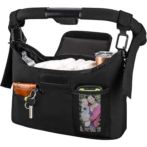 Universal Stroller Organizer with Double Cup Holder, Double Hanging Hooks & Shoulder Strap, Fits for Stroller like Uppababy, Baby Jogger, Britax, BOB, Umbrella and Pet Stroller