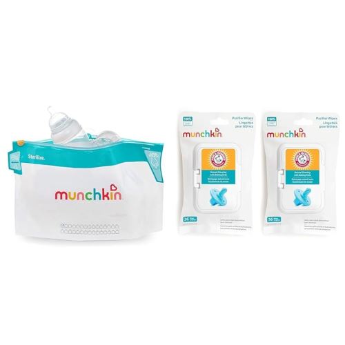Munchkin Sterilize Microwave Steam Bags 6 Pack, Arm & Hammer Pacifier Wipes 2 Pack 72 Count
