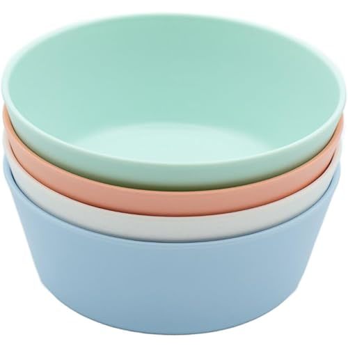 WeeSprout Bamboo Kids Bowls, Set of Four 10 oz Kid-Sized Bamboo Bowls, Dishwasher Safe Kid Bowls (Pastel Coral, Blue, Mint & Off White)