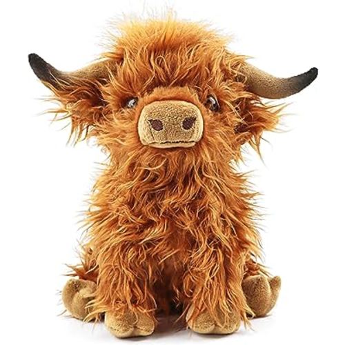 Highland Cows Stuffed Animal Realistic Scottish Cow Plush Toy Soft Farm Animal Cattle Plushie Doll Present for Adults Kids Boys Girls (Brown Cow, 10.8 Inch)
