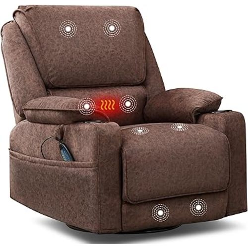 Swivel Glider Recliner Chair for Adults, Manual Recliner with Massage and Heat, Fabric Ergonomic Lounge Chair with Cup Holder for Living Room, Bedroom, Nursery (Standard Brown-1 Pcs)