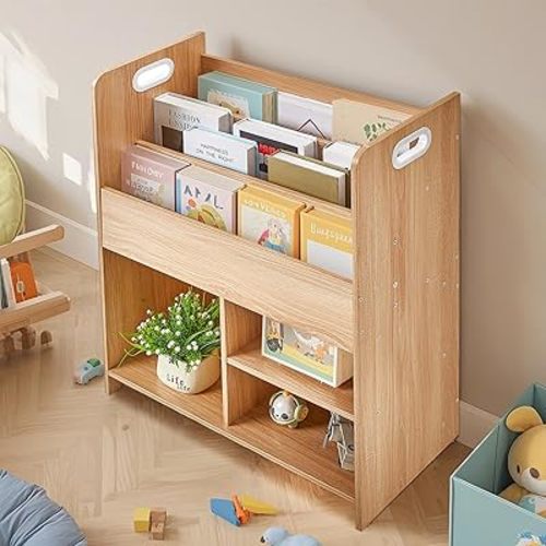 VECELO Kids Book Organizer - Wooden Children’s Bookshelf with 3-Tier Display and 2-Tier Storage Compartments, Easy-to-Access Toddler Bookcase for Playroom, Bedroom, or Nursery - Teak