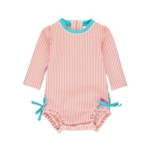 RuffleButts Baby/Toddler Girls Seersucker Long Sleeve One Piece Rash Guard Swimsuit with UPF 50+ Sun Protection