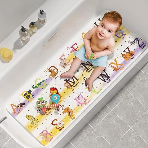 AmazerBath Baby Bath Mat Non Slip, Cartoon Kids Bath Mat for Tub 40 x 16 Inches Full Size, Non Slip Bathtub Mat with Suction Cups and Drain Holes Shower Stall Mats - Alphabets & Animals