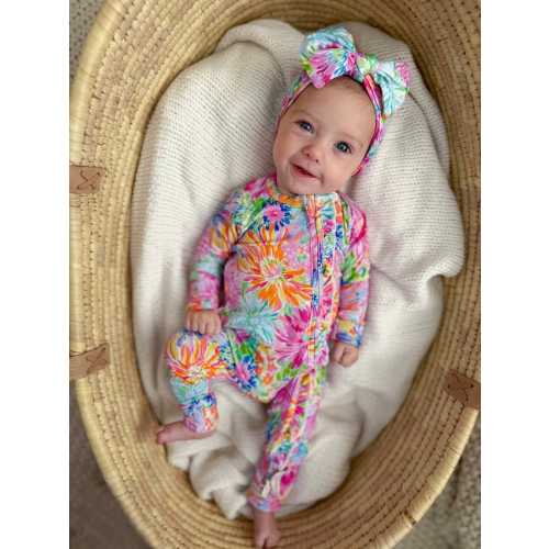 Bamboo Neon Floral Ruffle Baby Outfit with Zipper, Coming Home Outfit, Baby Girl Sleeper Zipper Romper and Bow
