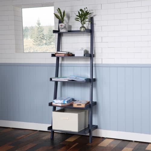 Ladder Shelf, 5-Tier Bookshelf, Storage Rack Shelves, for Living Room, Kitchen, Office, Steel, Stable, Sloping, Leaning Against The Wall, Industrial (Navy Blue)
