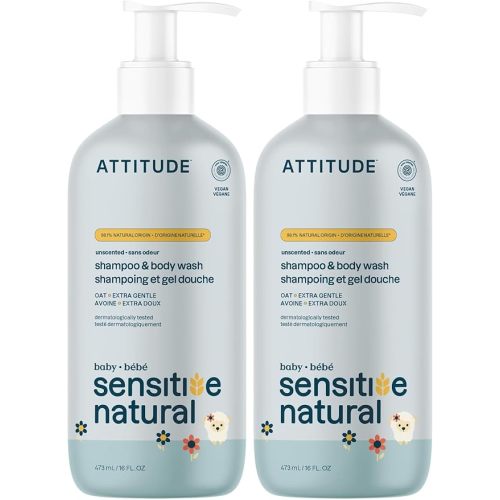 ATTITUDE Baby 2-in-1 Shampoo and Body Wash, Made in Canada, EWG Verified, Plant- and Mineral-Based Ingredients, Vegan Products for Sensitive Skin, Unscented, 473 mL