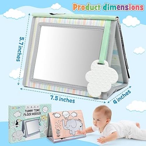 Dr.Rapeti Soft Tummy Time Book Baby Safe Mirror with Teether Crinkle Pages Tummy Time Mirror High Contrast Montessori Sensory Toy Tummy Time Toy for Newborn Baby Infant