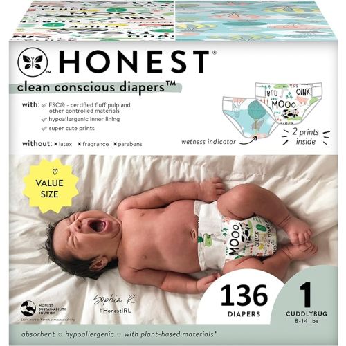 The Honest Company Clean Conscious Diapers | Plant-Based, Sustainable | Above It All + Barnyard Babies | Super Club Box, Size 1 (8-14 lbs), 136 Count