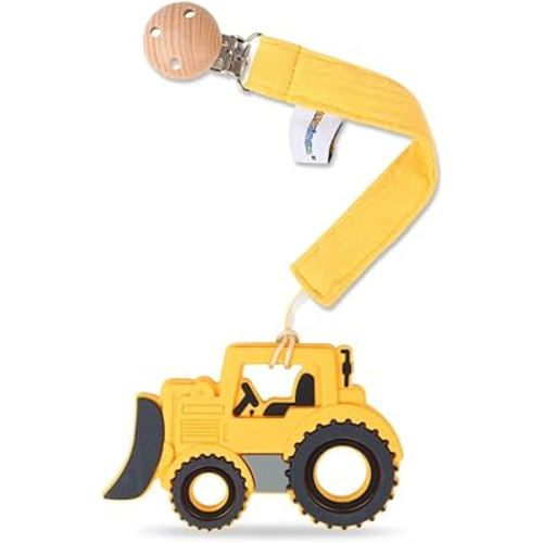 AmazingM Baby Food Grade Silicone Car Teether Toy with Pacifier Clip Holder,Teething Pain Relief Toys Gift Set for 3 Months+ Boys and Girls,Freezer Safe,BPA Free (Bulldozer, Yellow)