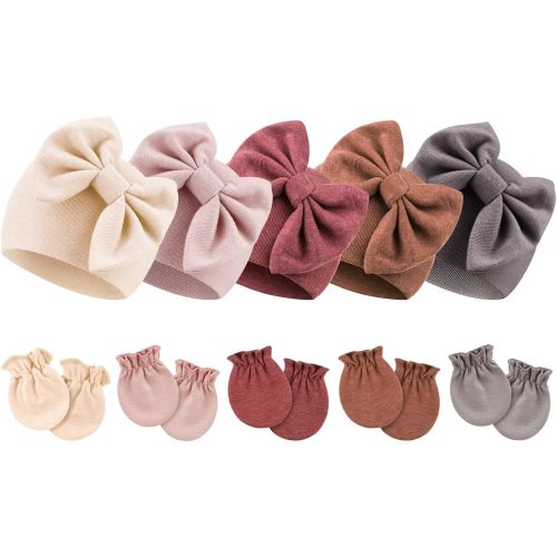 BQUBO Newborn Baby Girls Hats Mittens Set Hospital Hat Beanie Infant Bow Hats Baby Cotton Gloves No Scratch Mittens