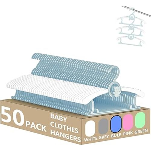 HGYZE Kid Hangers for Closet 50pcs, Blue Infant Clothes Hanger 11-14" Adjustable Plastic Baby Coat Hangers with Bear Hook, Non-Slip Children Outfit Hangers for Boy Toddler Newborn Teen Clothing