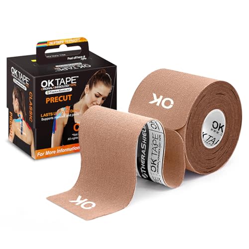 OK TAPE Kinesiology Tape 10 inches Precut, 20 Strips, Cotton Elastic Athletic Tape Latex Free, 2in x 16ft, Beige