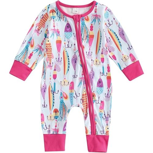 Newborn Baby Boy Girl Fishing Outfit Long Sleeve Zipper Fish Print Romper Jumpsuit Infant Coming Home Clothes