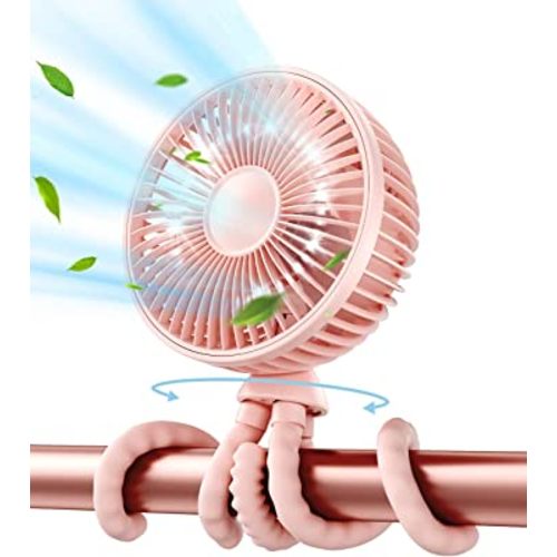 Gaiatop Baby Stroller Fan, 4000mAh Oscillating Mini Portable Fan with Light, 4 Speeds Battery Operated Small Handheld Desk Fan, 360° Rotate Flexible Tripod Clip On Fan for Car Seat Crib Travel Pink