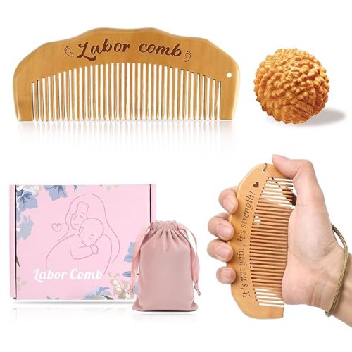 Birthing Comb & Acupressure Massage Ball Set for Labor Pain Relief, Wooden Labor Comb for Women Natural Labor and Delivery Essentials, Pregnancy Gifts for Expecting Mom