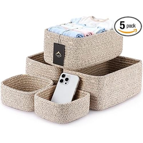5-Pack Small Woven Rope Storage Baskets – 2 Sizes Organizer Bins for Closet, Shelf, Bookshelf, Nursery, Changing Table, Fabric Cube Boxes, Rectangular Shallow Bins for Bathroom, Toy & Home