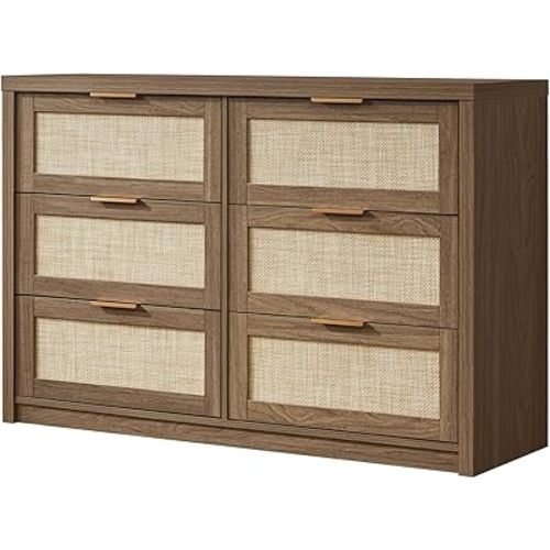 Hampstead Dresser for Bedroom, Rattan 6 Drawer Dresser, Boho Chest of Drawers, Wood Closet Dresser TV Stand for Living Room Hallway, 47.24" W x 15.43" D x 31.69" H