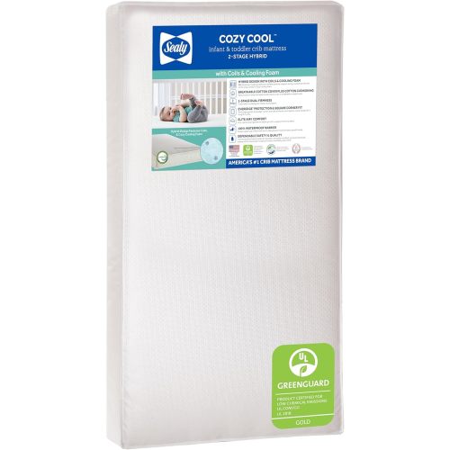 Sealy Baby Flex Cool 2 Stage Breathable Crib Mattress with Toddler Bed Fit, Waterproof & Airy Cotton Cover, 204 Premium Coils, GREENGUARD Gold Certified, Safety & Quality Tested, Made in USA, 52x28"