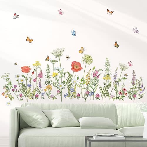 decalmile Wildflower Grass Wall Stickers Garden Flower Butterflies Wall Decals Living Room Girls Bedroom Office Wall Decor