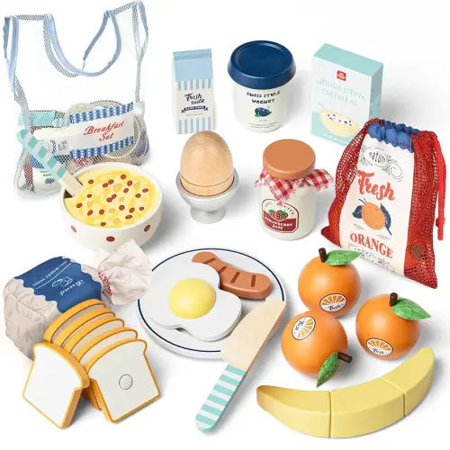 Lehoo Castle Wooden Play Food Set - Montessori Cutting Fruit Egg Bread, Pretend Breakfast Food Toys for Kids Kitchen, Educational Toddler Toys 3-5 Years, with Storage Bag, Birthday Gift for Boys Girls