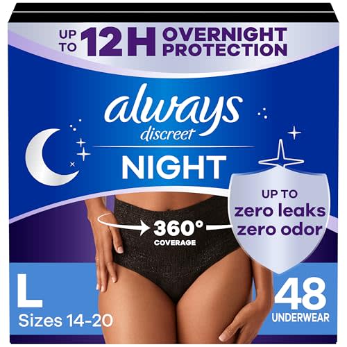 Always Discreet Adult Incontinence Overnight Underwear for Women, Large, Up to 100% Bladder Leak Protection, 48 Count (3 Packs of 16)