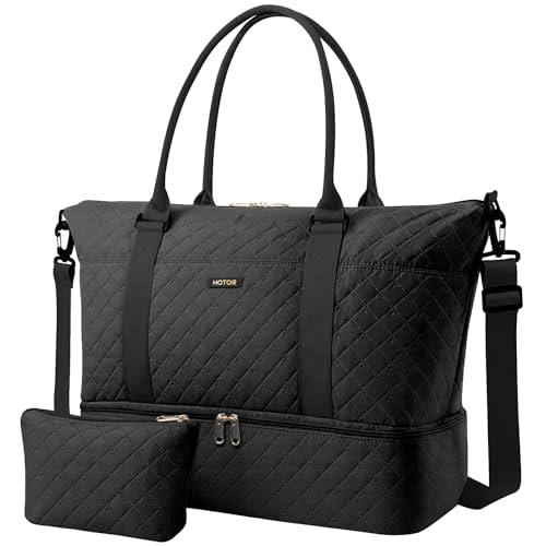 HOTOR Travel Duffel Bag - Weekender Bags for Women, Carry On Gym Tote Bags | with Toiletry Bag & Shoe Compartment, Overnight Bag for Travel Essentials and Travel Accessories, Black, 13.4"×17.3"×7.9"