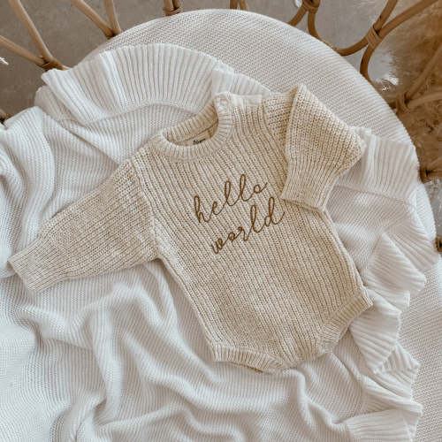 'Hello World' Chunky Knit Romper - Honey