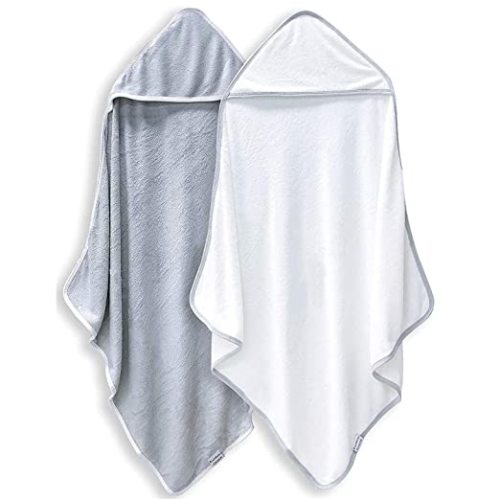 2 Pack Premium Bamboo Baby Bath Towel - Ultra Absorbent - Ultra Soft Hooded Towels for Babies,Toddler,Infant - Newborn Essential -Perfect Baby Registry Gifts for Boy Girl - White and Grey - 30x30 Inch (Pack of 2)