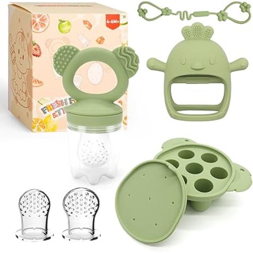 Baby Teething Relief Toys, Baby Fruit/Fresh Food Feeder with Breastmilk Popsicle Molds & Baby Teether Combo Food Grade Silicon for 6M+ Breastmilk Pops, Frozen Fruit(Green)