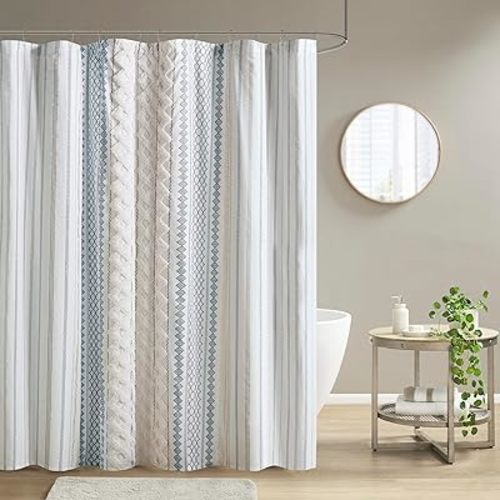 INK+IVY Tufted Chenille 100% Cotton Shower Curtains Machine Washable, Modern Home Bathroom Décor Bathtub Privacy Screen, 72" W x 72" L, White/Navy