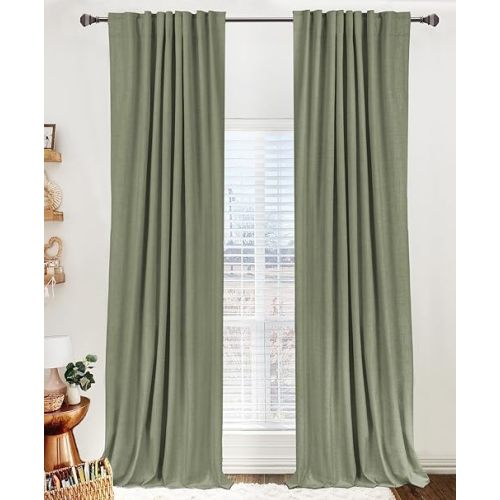 100% Blackout Shield Linen Blackout Curtains for Bedroom 84 Inches Long, Back Tab/Rod Pocket Living Room Drapes, Thermal Insulated Blackout Curtains 2 Panels Set, 50" W x 84" L, Light Sage