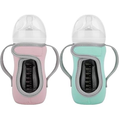 Beautyflier Set of 2 Reusable Glass Baby Bottle Insulator Adjustable Sleeves with Double Handles Neoprene Holder for Philips Avent Natural (8-9 Ounce, Pink+Green)