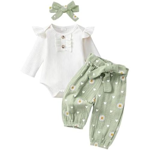 Newborn Baby Girl Clothes Ribbed Knit Romper Heart Daisy Print Pants for 0 3 6 12 18 24 Months Girl Outfits