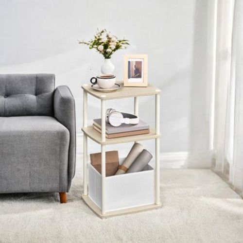 Side Table Nightstand End Table With 3 Storage Shelves Fabric Basket For Bedroom Living Room Natural Beig