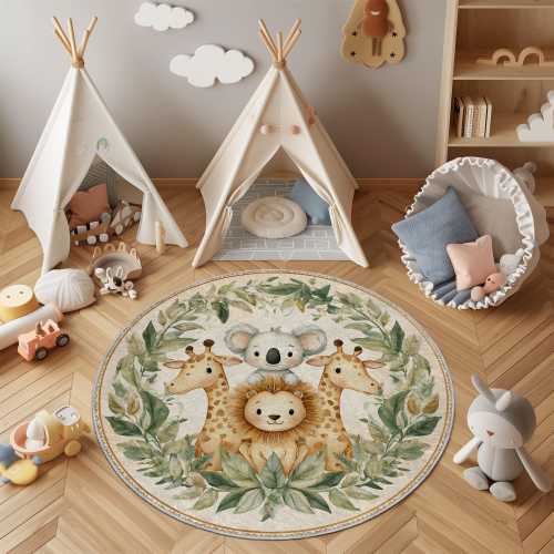 Kids Safari Animal Rug: Koala, Lion & Giraffe Nursery Play Carpet