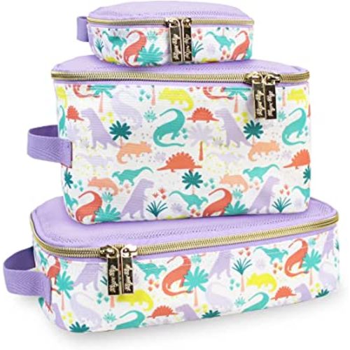 Itzy Ritzy Packing Cubes for Travel – Set of 3 Packing Cubes or Travel Organizers; Each Travel Cube Features a Mesh Top, Double Zippers and a Fabric Handle (Purple Dinosaurs)