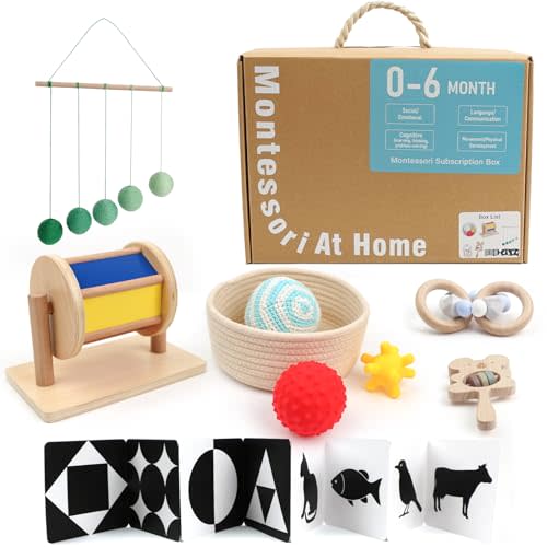 LEADER JOY Montessori Toys for Babies 0-6 Months, 6 in 1 Learning Educational Set Toys (Includes Wood Koala Rattle, Spinning Drum, Foldable Black White Cards,Mobile Ball, Teether,Basket with Balls)