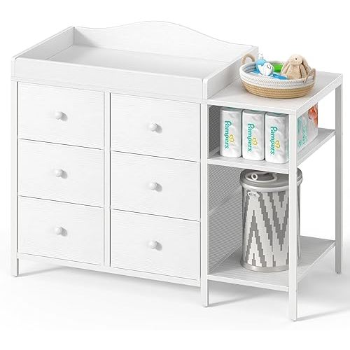 BOLUO Baby Dresser with Changing Table Top, White Changing Table Dresser with 6 Fabric Drawers Diaper Changing Station with Storage Shelf for Nursery Modern