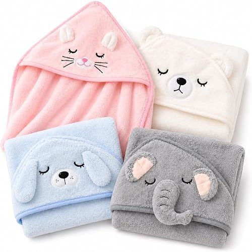 4-Pack Hooded Baby Towels, Premium Soft & Ultra Absorbent Bath Towel for Newborn, Infant, Toddler - Essential for Boys and Girls (Pink+White+Blue+Gray-4pack)